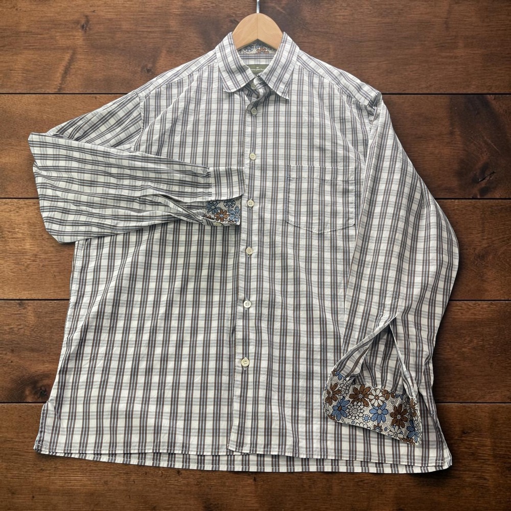 Ermenegildo Zegna Men L Plaid Check Long Sleev Shirt Floral Flip Cuff Made Italy